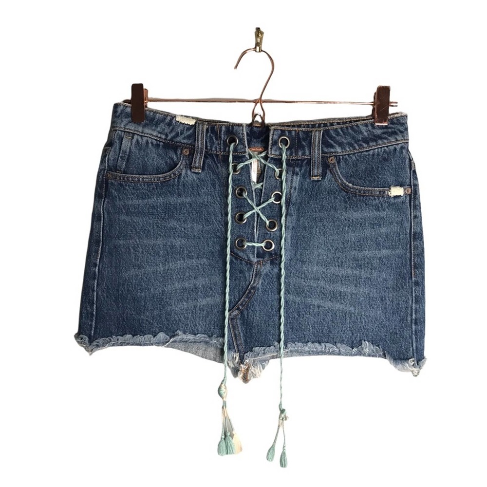 Free People | Blue Kaia Lace Up Denim Mini Skirt Boho fringe skirt •